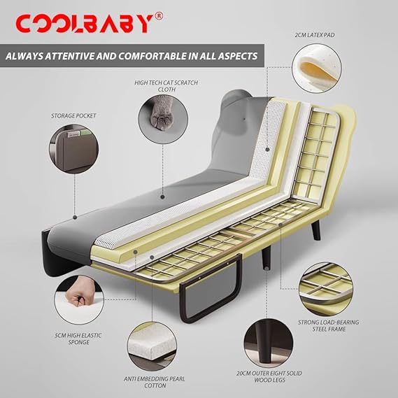 COOLBABY Sofa Bed Tri-fold Sofa Bed with Adjustable Backrest and Pillows, Lounge Chair for Outdoor, Indoor, Home and Office, Comfortable Sleeper (Gray)