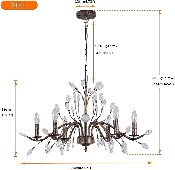 Bronze Farmhouse Crystal Chandelier: 6-Light Rustic Pendant with Crystal Branches for Vintage Décor - COOLBABY