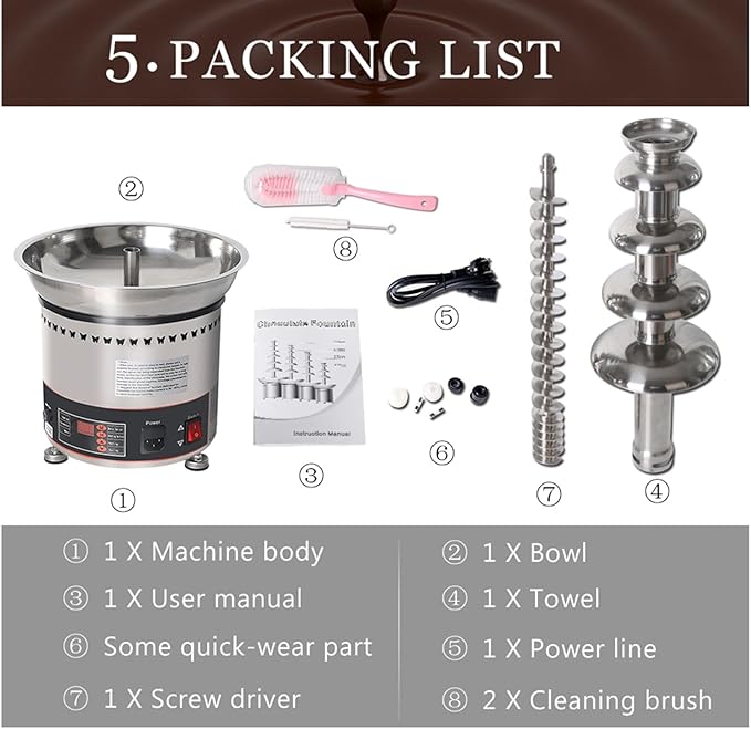 Chocolate Fountain, Stainless Steel Heated Basin, 5 Tiers Electric Melting Machine, Fondue Pot for Chocolate Candy, Ranch, Cheese, Birthday Celebration - COOLBABY