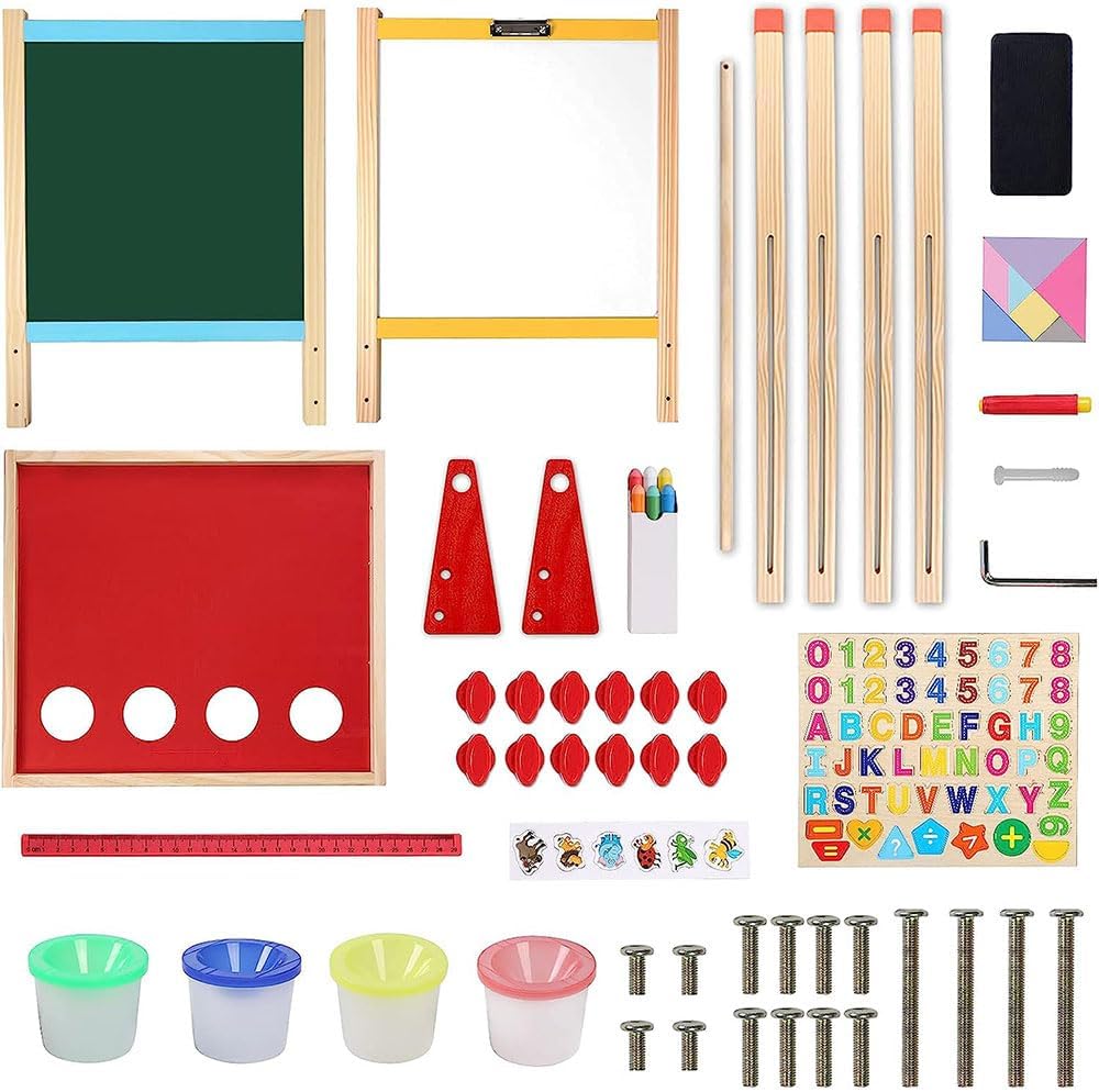 COOLBABY Kids Wooden Art Easel – Double-Sided Magnetic Whiteboard & Chalkboard with Adjustable Height, Paper Roll Holder, Letters & Numbers, Painting & Drawing Accessories - COOLBABY