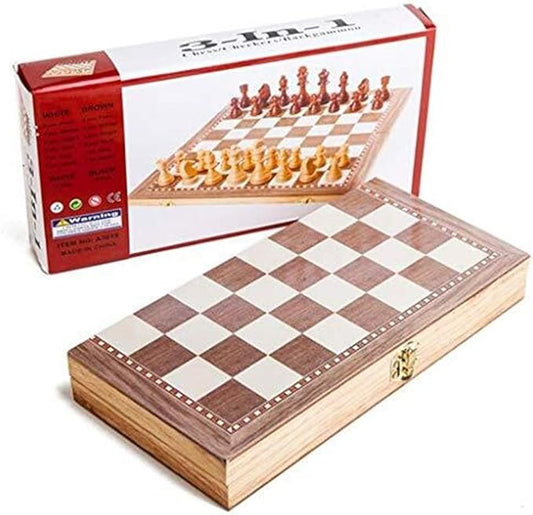 3 In 1 Wooden International Chess Set Board – Travel Chess, Backgammon & Checkers Strategy Game
