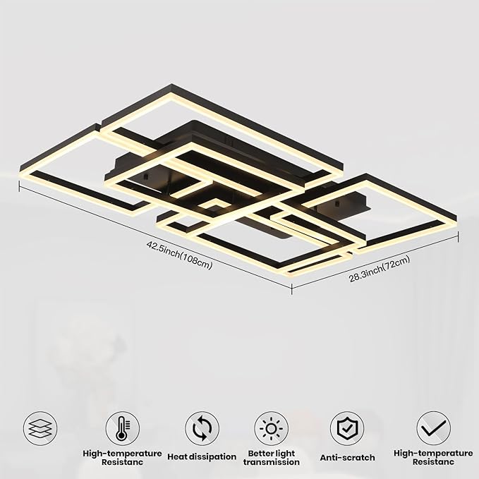 6-Head Rectangular Black Ceiling Light: Modern Dimmable 200W Flush Mount Fixture - COOLBABY