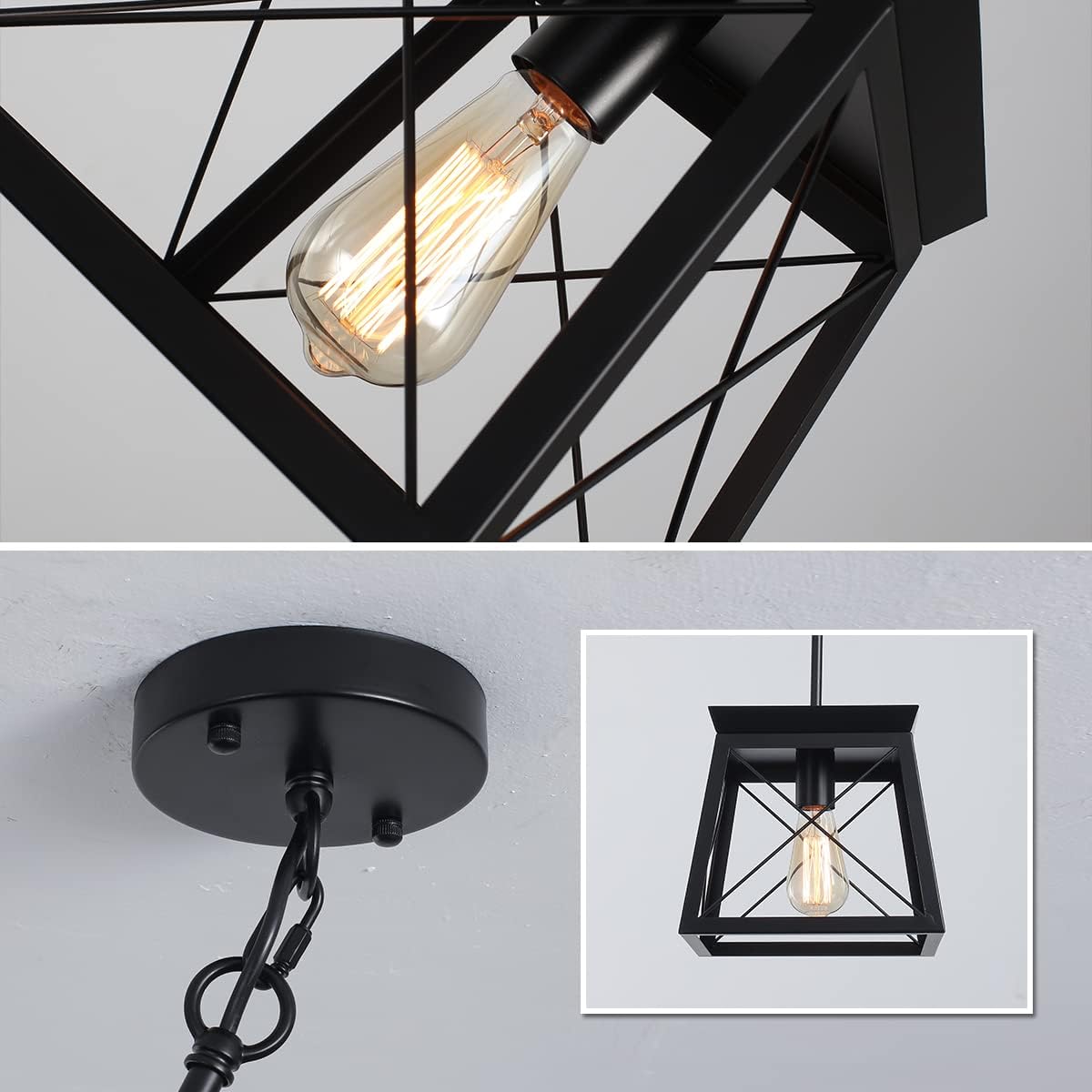 Farmhouse Pendant Light: 1-Light Metal Cage with Wooden Finish, Adjustable Height for Kitchen, Dining, Bedroom - COOLBABY