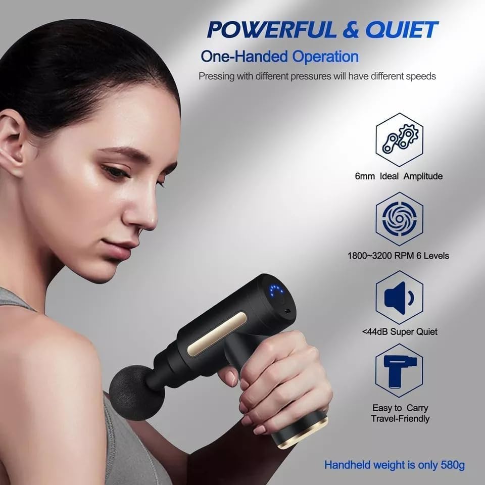Massage Gun Mini Deep Tissue - Portable 6 Speeds Handheld Muscle Massager with 4 Massage Heads 1800mAh Battery & Type-C Charging, for Muscle Pain Relief Recovery.
