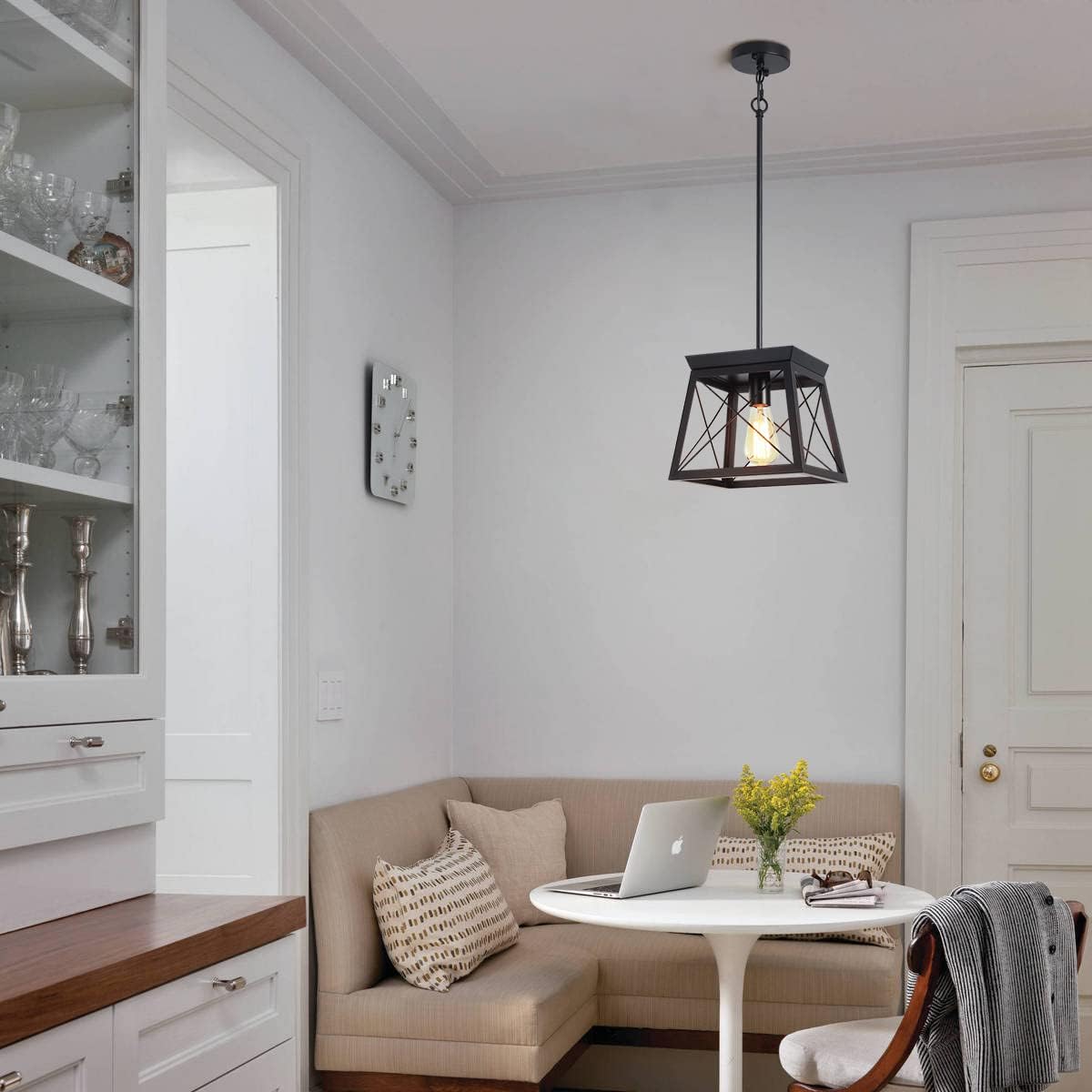 Farmhouse Pendant Light: 1-Light Metal Cage with Wooden Finish, Adjustable Height for Kitchen, Dining, Bedroom - COOLBABY