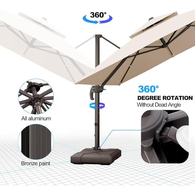 Aluminum Garden Umbrella with Marble Base, Solar Light - COOLBABY