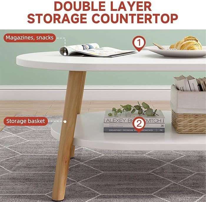 Coffee Table, 2-Tier Oval Side Table Large Coffee Table for Living Room, for Living Room Bedroom Balcony 120x60cm - COOLBABY