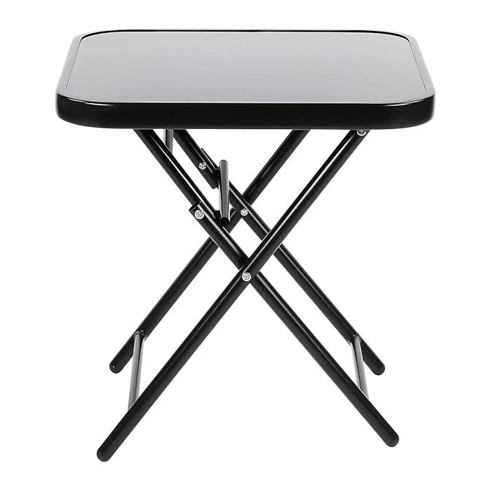 Folding Drinks Side Table, Outdoor Garden Table, Small Square Patio Table - Black with Tempered Glass Top - COOLBABY