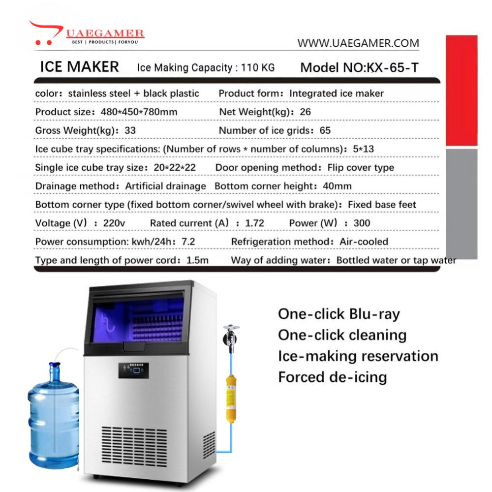 Integrated Ice Maker Machine, 100-110KGS/24H Stainless Steel Under Counter ice Machine with 15KGS Ice Storage Capacity, Freestanding Ice Maker
