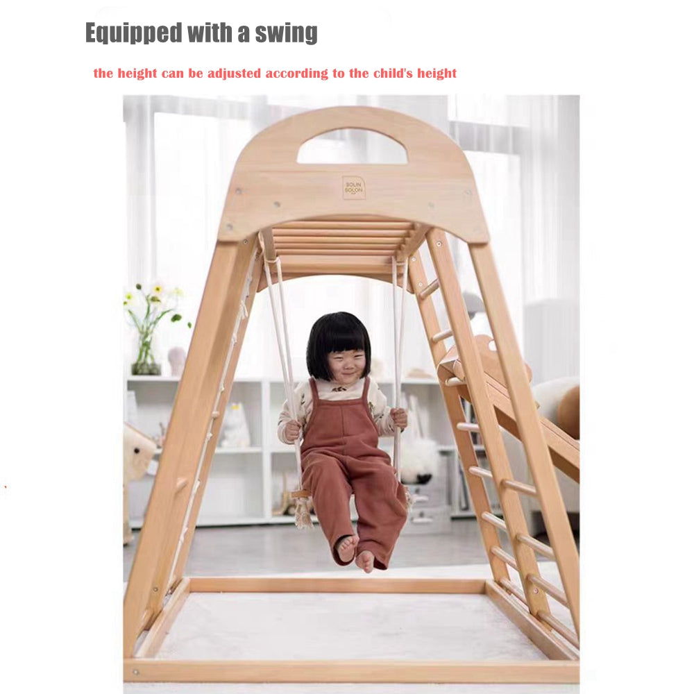 COOLBABY SSZ-PPJ06 Wooden Indoor Playground 7-in-1 Solid Wood Children's Climbing Frame With Swing/Slide/Rock Climbing/Net/Ladder/Monkey Bar/Drawing Board - COOLBABY