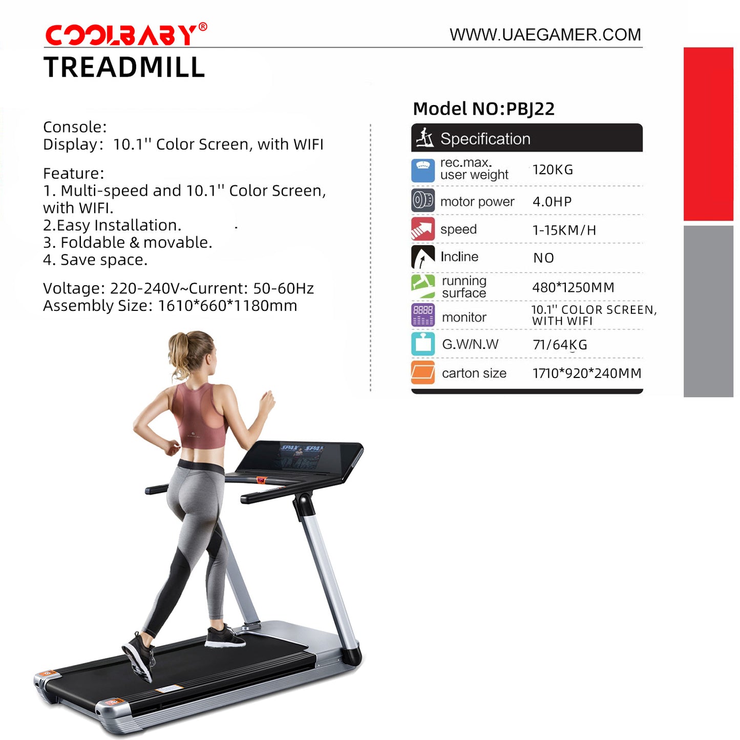 Fitness PBJ22 (4HP Peak) Motorised Treadmill for Home Use 10.1"Color Screen, With Wifi | Speed Range1-15 Km - COOLBABY