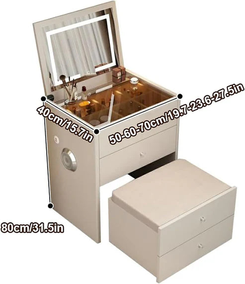 Smart Compact Dressing Vanity Table with LED Mirror, Foldable Bench, and Storage Drawers - COOLBABY