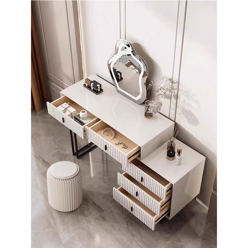 Modern White Vanity Desk with Wavy LED Mirror,Drawers, and Storage - Perfect for Makeup, Study, andConsoles