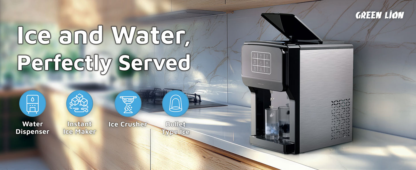3-in-1 Ice Maker with Water Dispenser & Ice Crusher – 5L Tank, Touch Control, 18-20kg/24H, Class I Safety – Black - COOLBABY