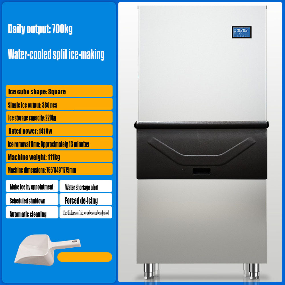 Commercial Ice Maker Machine, Water-Cooled Split Type, 700kg Daily Output, 220kg Storage, Square Ice Cubes, Auto Cleaning