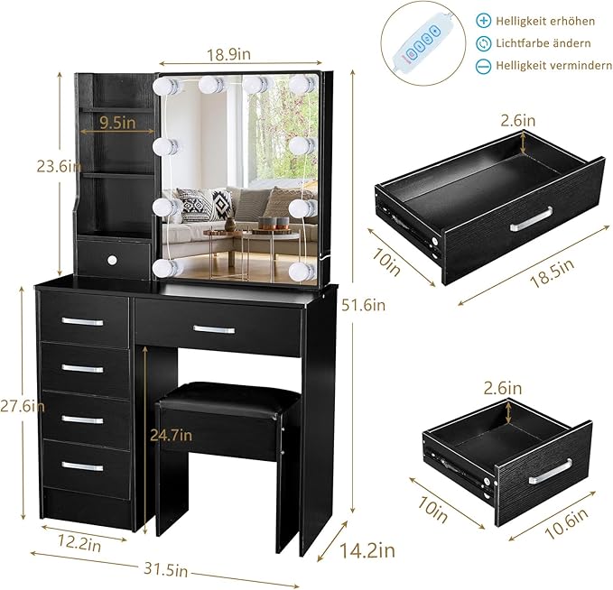 Dressing Table with LED Lights, Vanity Table with Adjustable Brightness Mirror - COOLBABY