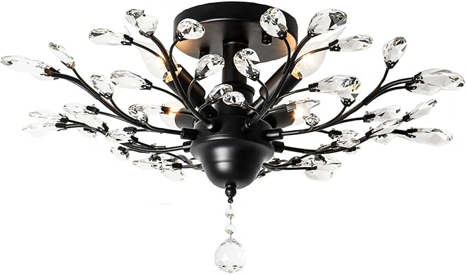 Vintage Crystal Chandelier: 4-Light LED Flush Mount Pendant for Living Room, Dining, Restaurant - COOLBABY