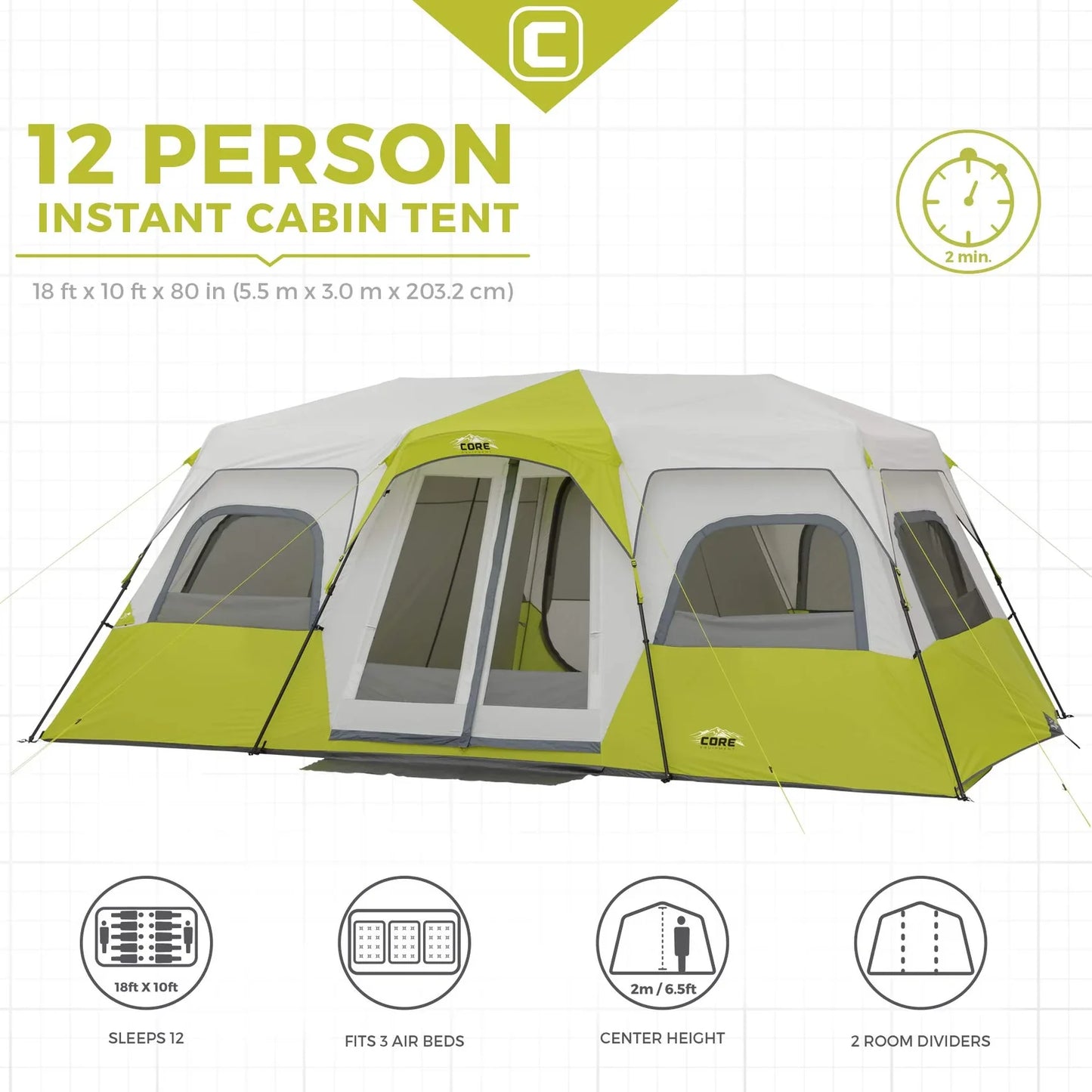 COOLBABY 12-Person Instant Cabin Tent - Spacious 18' x 10', Weather Protection, and 3-Room Capability - COOLBABY