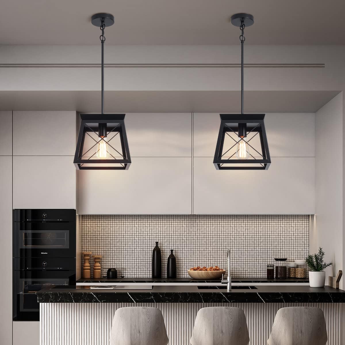 Farmhouse Pendant Light: 1-Light Metal Cage with Wooden Finish, Adjustable Height for Kitchen, Dining, Bedroom - COOLBABY