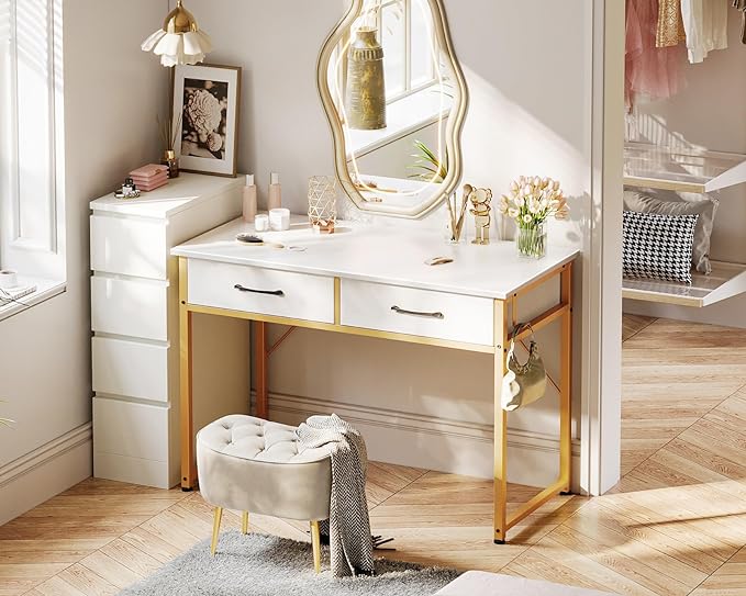 Vanity Desk Without Mirror, Makeup Vanity with 2 Fabric Drawers, White With Gold Legs - COOLBABY