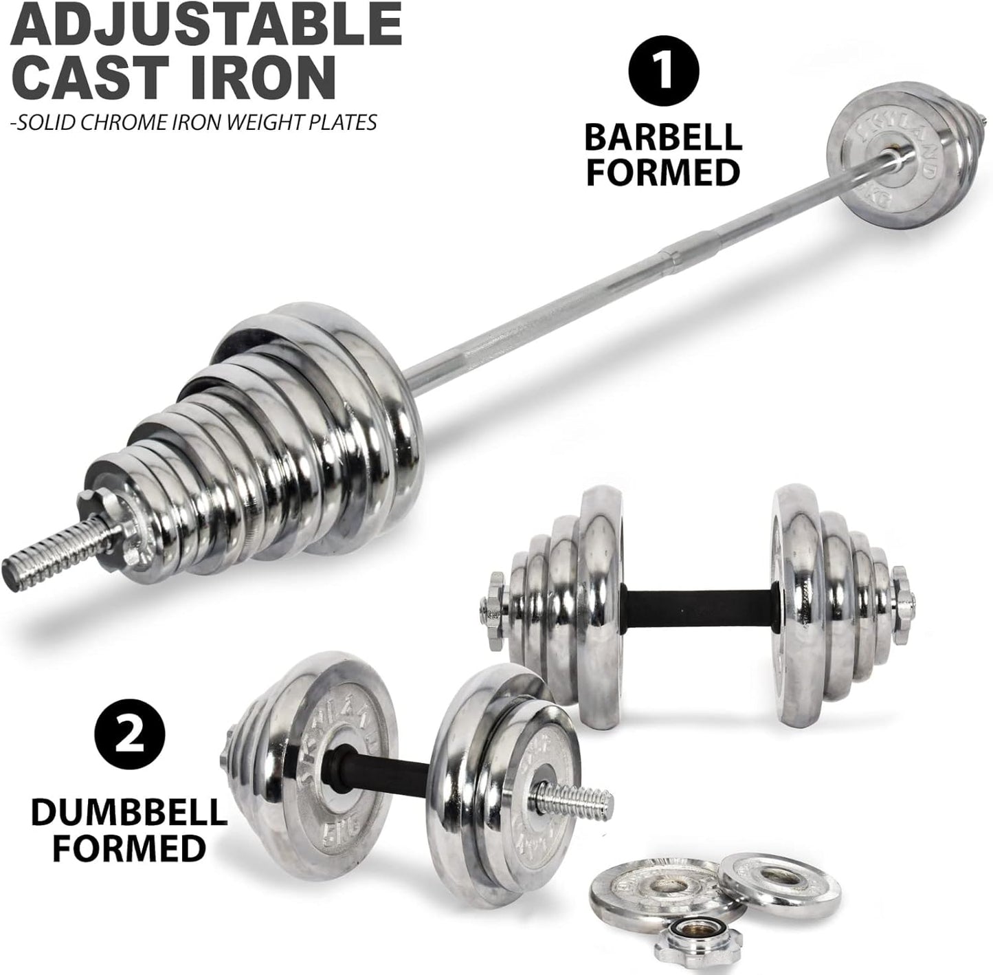 Fitness Adjustable Chrome Dumbbells & Barbell Set – 50 KG with Wheeled Storage Case | EM‑9227‑50 | Silver