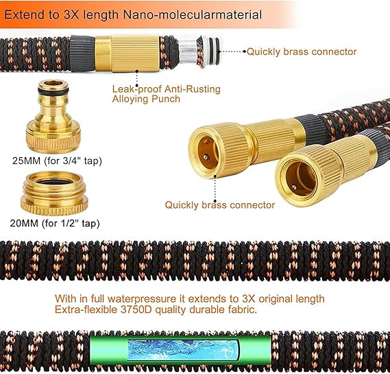 COOLBABY 100ft Expandable Water Garden Hose with 10 Function Nozzle,Leakproof Retractable Garden hosewith Brass Connectors for Car Washing Garden Plants Pets Shower Floor Cleaning,Black&Orange