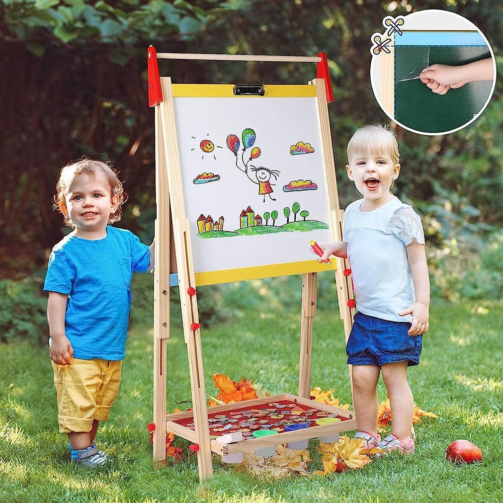 COOLBABY Kids Wooden Art Easel – Double-Sided Magnetic Whiteboard & Chalkboard with Adjustable Height, Paper Roll Holder, Letters & Numbers, Painting & Drawing Accessories - COOLBABY