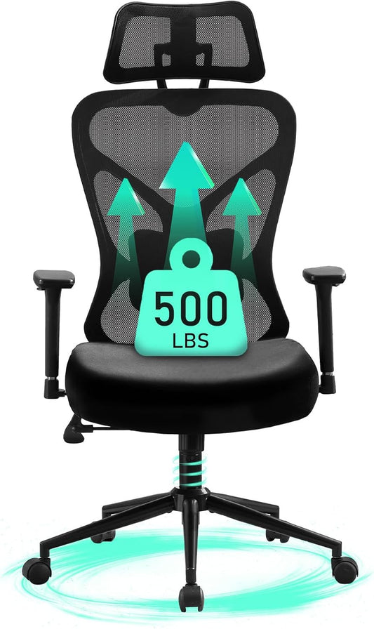 Big and Tall Office Chair 500 lbs – Ergonomic Desk Chair with Adjustable Lumbar Support, 2D Headrest, 3D Armrests, Extra Thick Cushion & Spring Seat (Black) - COOLBABY