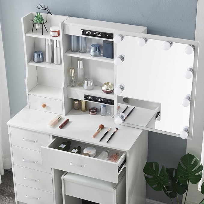 Vanity Table Set with LED Lighted Mirror, Makeup Vanity Dressing Table with 5 Drawers, Storage Shelves - COOLBABY