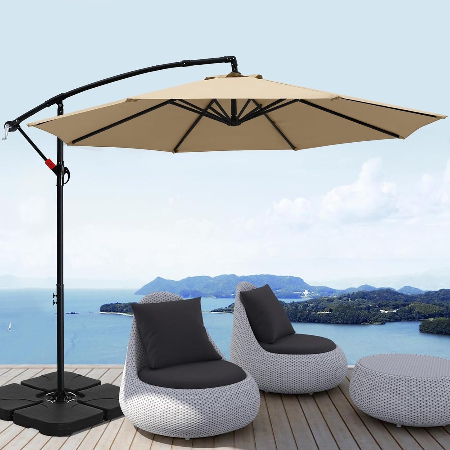 10FT Cantilever Patio Umbrella with Crank and Cross Base – Large Offset Outdoor Market Umbrella for Sun Shade – Heavy-Duty Hanging Canopy for Garden, Deck, Backyard, Pool, Beach & Patio Furniture (No Packaging Box Included)