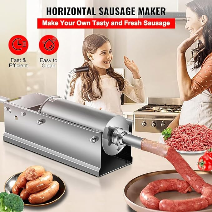 5L Stainless Steel Horizontal Sausage Filler - Sausage Stuffer Machine with 5 Filling Nozzles - COOLBABY