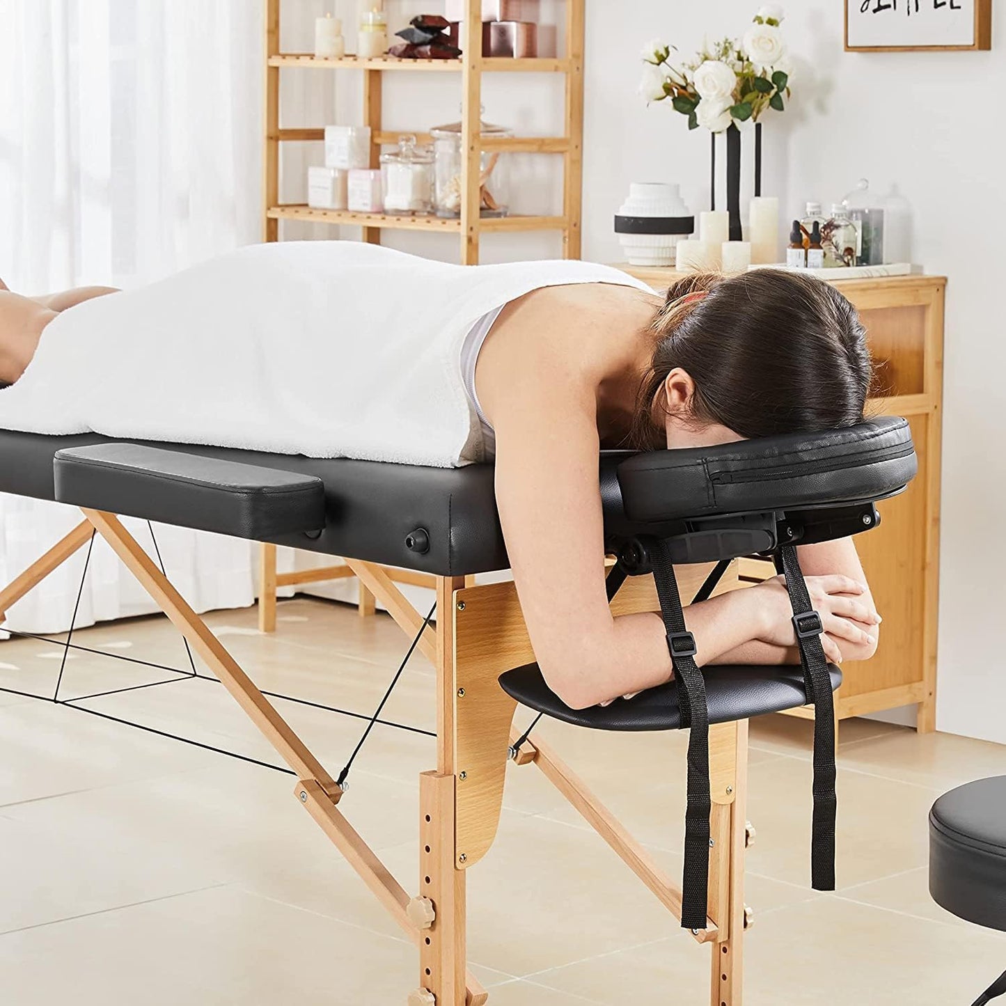 Portable Massage Table Professional Adjustable Folding Bed with 2-part Wooden Frame Ergonomic Headrest and Tote Bag for Therapeutic Tattoo Salon SPA Facial Treatment 80cm wide