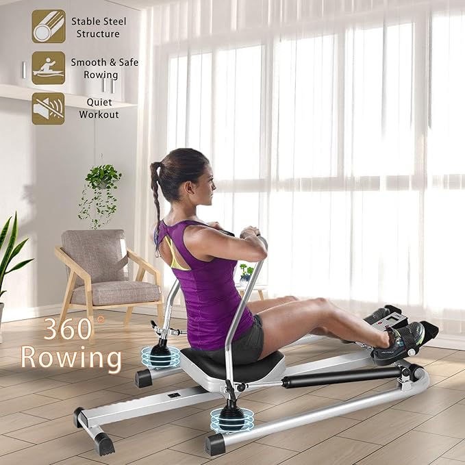 Hydraulic Rowing Machine, Full Motion Rower with Adjustable Resistance & LCD Monitor for Cardio - COOLBABY