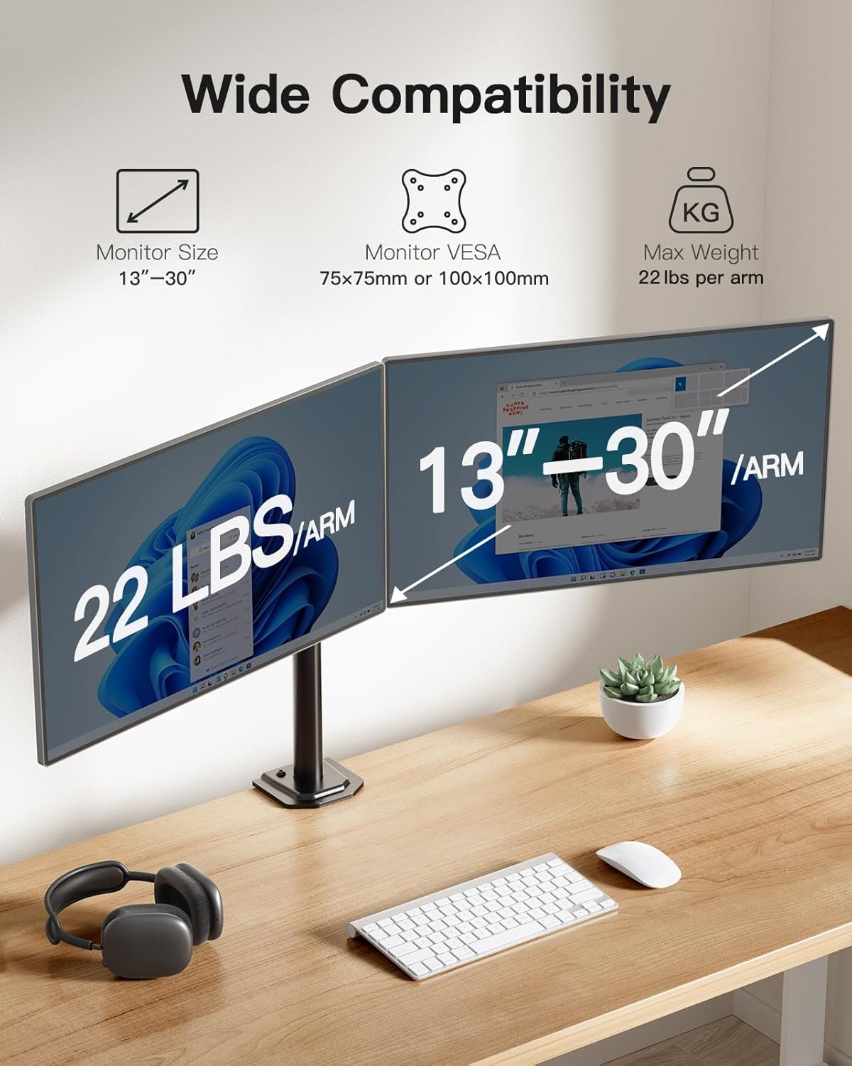 Dual Monitor Stand for 13 to 30 Inch Screens, Dual Monitor Mount Holds Capacity up to 22 lbs, Dual Monitor Arm with Height Adjustable, Tilt/Swivel/Rotate, VESA 75/100mm - COOLBABY
