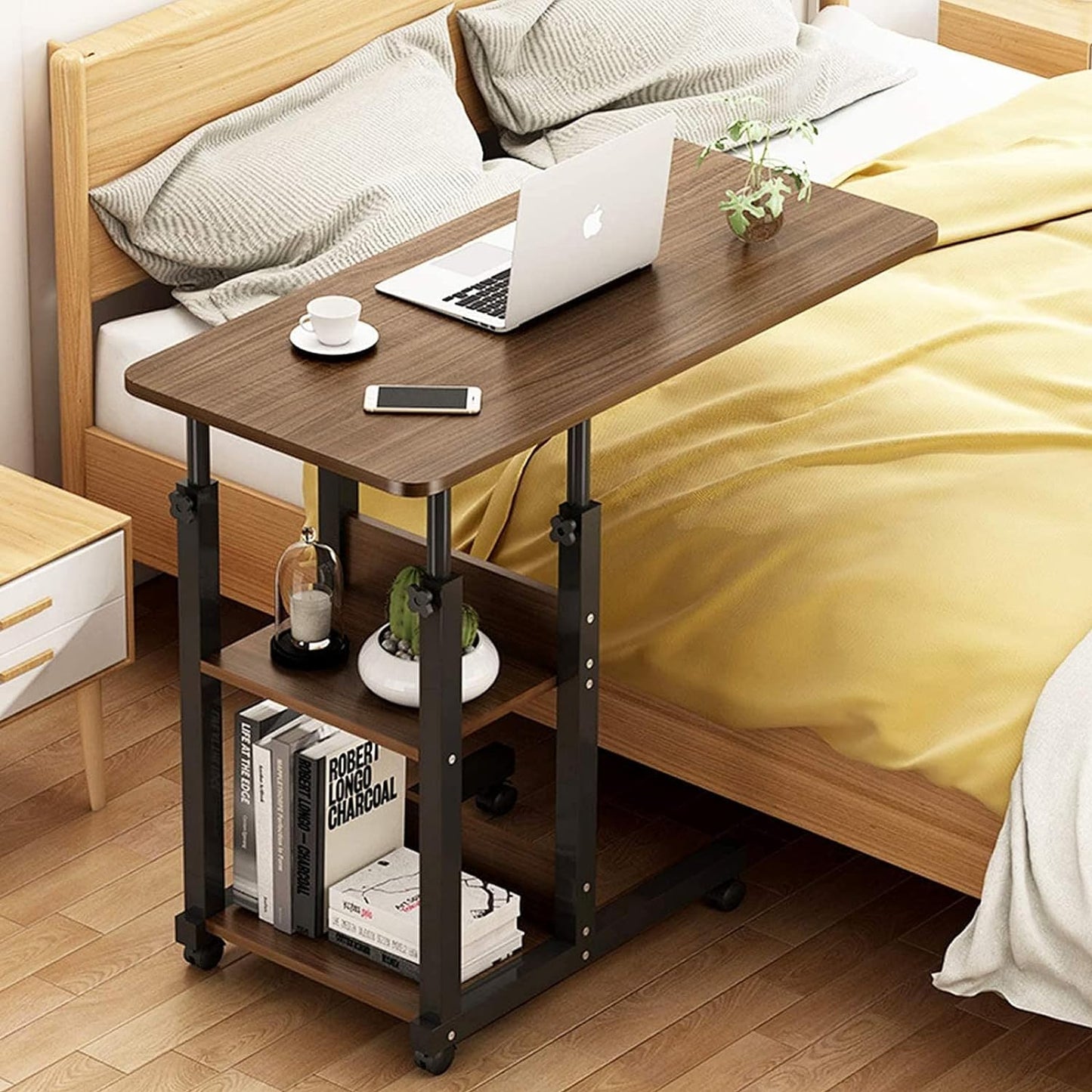 COOLBABY Bedside Table Dormitory Simple Bed Lazy Person Table Household Simple Bedroom Lifting Table Student Table Computer Desk with Wheels - COOLBABY