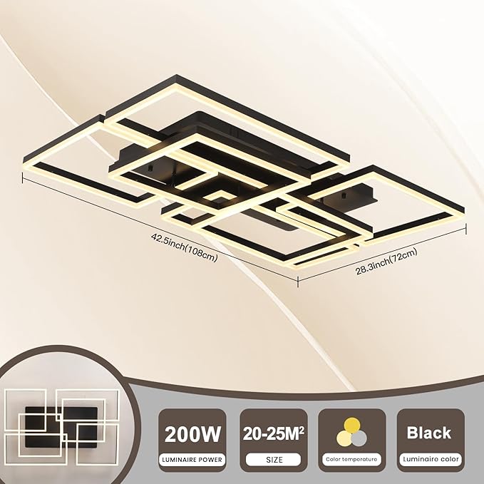 6-Head Rectangular Black Ceiling Light: Modern Dimmable 200W Flush Mount Fixture - COOLBABY