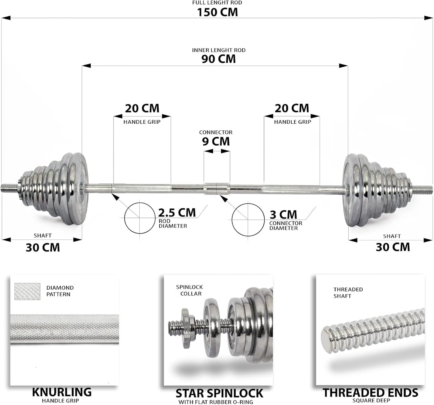 Fitness Adjustable Chrome Dumbbells & Barbell Set – 50 KG with Wheeled Storage Case | EM‑9227‑50 | Silver