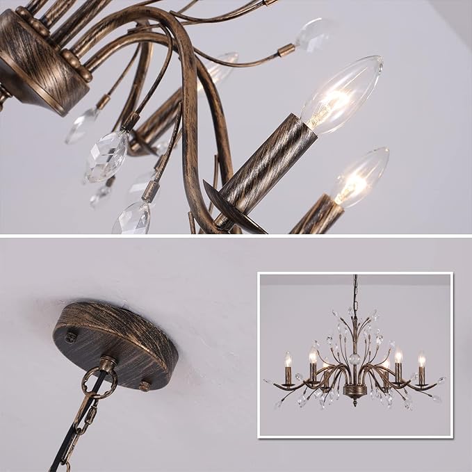 Bronze Farmhouse Crystal Chandelier: 6-Light Rustic Pendant with Crystal Branches for Vintage Décor - COOLBABY