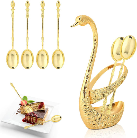 COOLBABY HDD-SZTZ-G 6-piece coffee spoon, stainless steel teaspoon swan-shaped spoon holder for dessert cake and ice cream (Gold) - COOL BABY