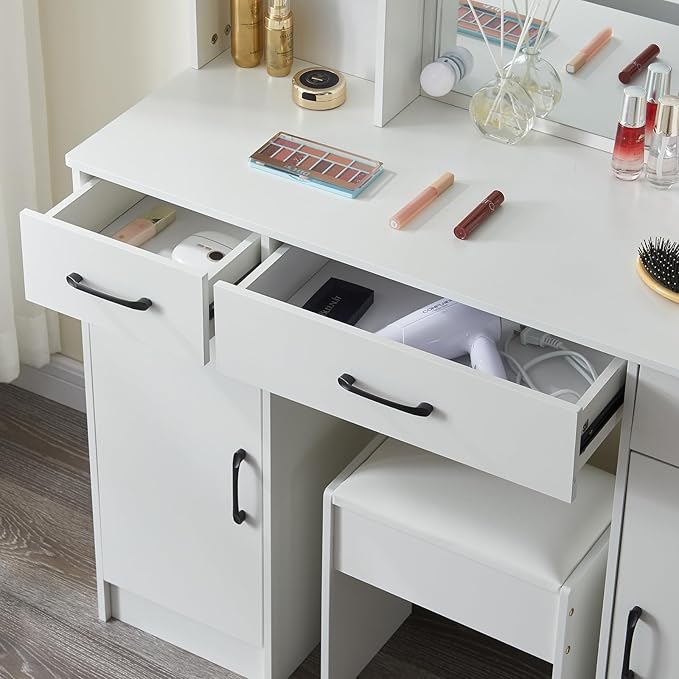 Large Vanity Desk with Lighted Mirror, Modern Vanity Set with 3 Drawers and 2 Storage Shelves - COOLBABY