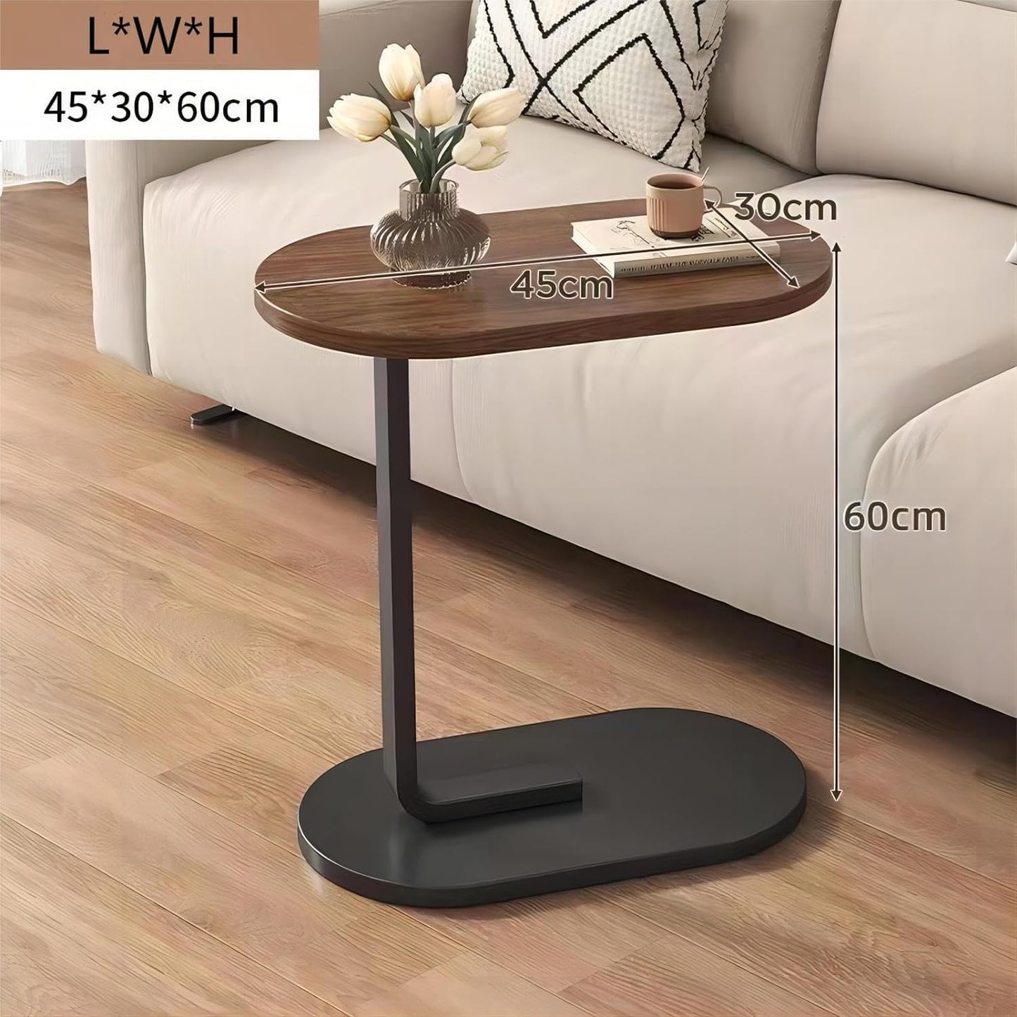 Small C Shaped End Table for Living Room and Small Spaces，C Shaped Round End Table for Sofa,Coffee Tables and Bed, Night Stand for Livingroom,Bedroom,Walnut (Wood) (Halzenut + Black Leg) - COOLBABY