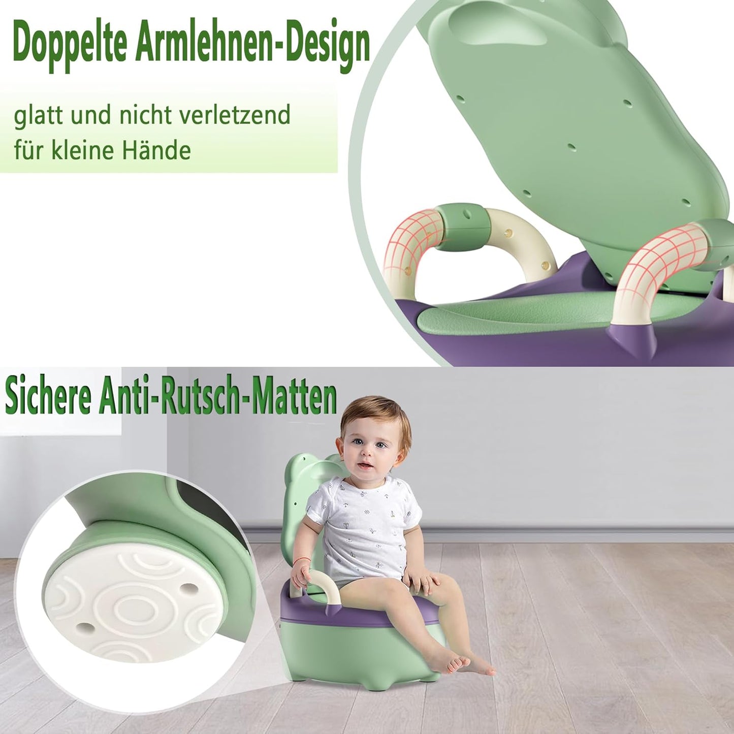 Aufun Kids Potty, Baby Toilet Seat, Baby Potty, Toilet Trainer with Handles for Toddlers, Soft PU Cushion, Baby Pot, Anti-Splash Protection, First Toilet, Cartoon Lid (Green) - COOLBABY