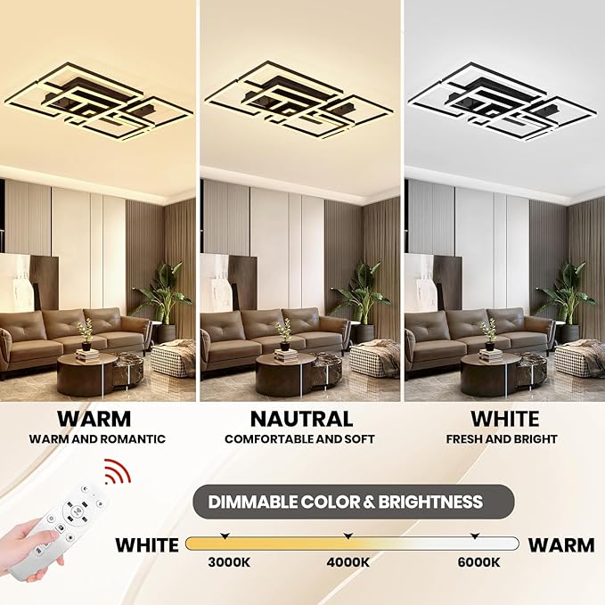 6-Head Rectangular Black Ceiling Light: Modern Dimmable 200W Flush Mount Fixture - COOLBABY