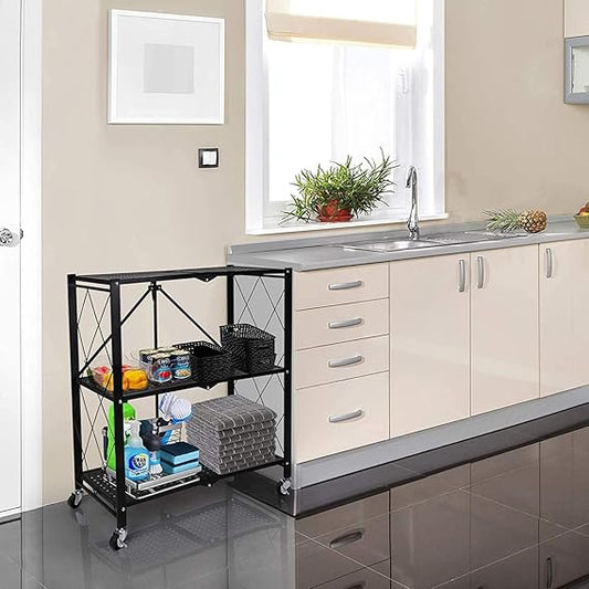 Foldable Storage Shelves with Wheels, Black Metal Wire Rack, Easy Moving Shelf, Storage Organizer for Kitchen, Bathroom, Garage, Outdoor (3 Tier) - COOLBABY