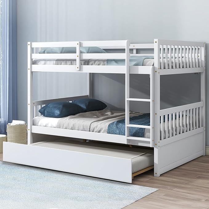 Full Bunk Bed with Trundle - Pine Wood Frame, Ladder, and Guard Rails, For Kids, Teens, Adults