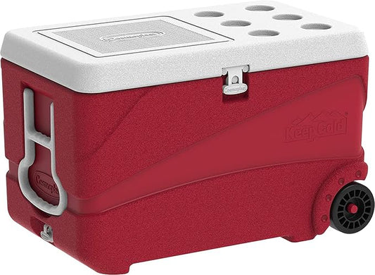 84L Deluxe Plastic Cooler Icebox with Wheels Red – Heavy Duty Insulated Cooler with 6-Day Ice Retention