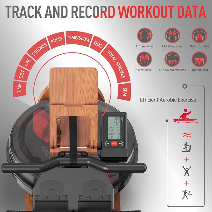 Solid Oak Water Rowing Machine for Home Use | Foldable Wooden Rower with Bluetooth Monitor