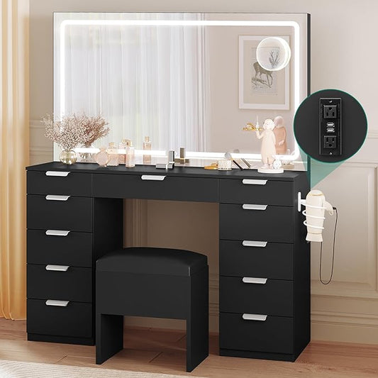 Vanity Desk Set with Large LED Lighted Mirror & Power Outlet, 11 Drawers and Magnifying Glass - COOLBABY