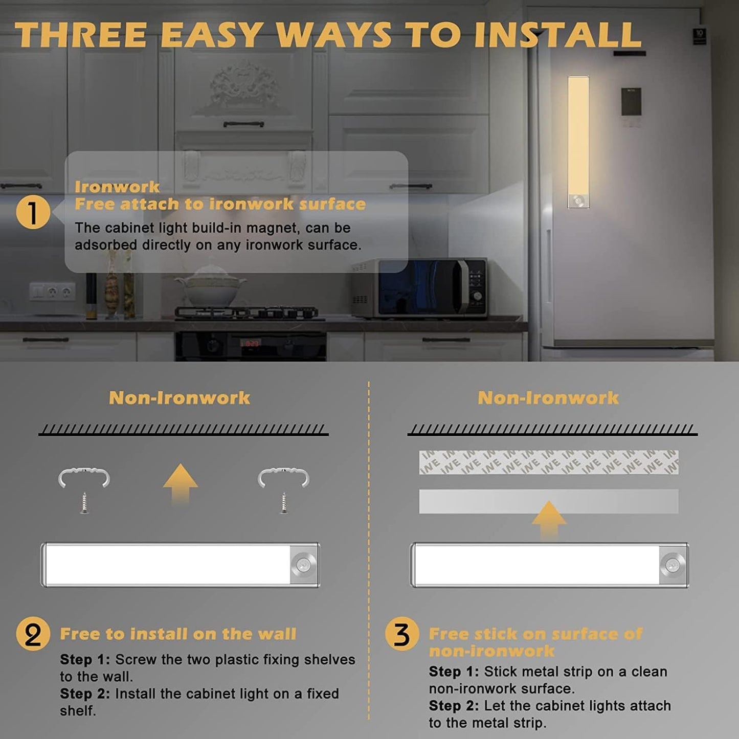 COOLBABY WQSJ021 Cabinet Light with Motion Sensor,LED Smart Strip 1800 mAh USB Rechargeable Cabinet Light Wardrobe Light,3000-6500 K Cabinet Lighting 72 LEDs Wireless for Cabinet Stair Hallway Kitchen - COOL BABY