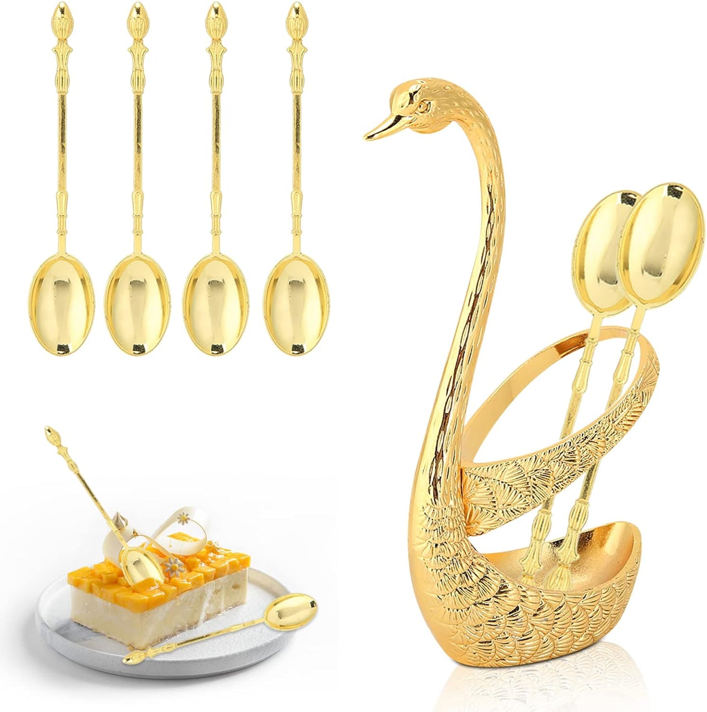 COOLBABY HDD-SZTZ-G 6-piece coffee spoon, stainless steel teaspoon swan-shaped spoon holder for dessert cake and ice cream (Gold) - COOL BABY